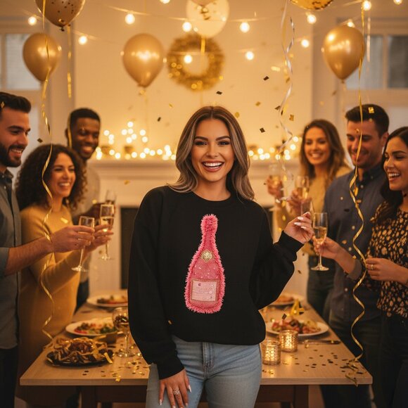 2026 Pink Champagne Faux yarn Glitter Graphic Shirt - Picture 3 of 6